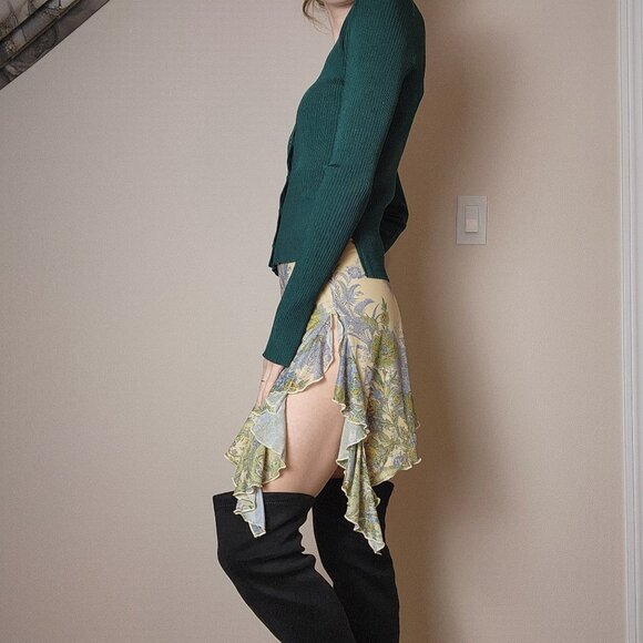 TIGER MIST ELLIE Mini Skirt asymmetrical ruffle side slit floral butter yellow S - Picture 3 of 12